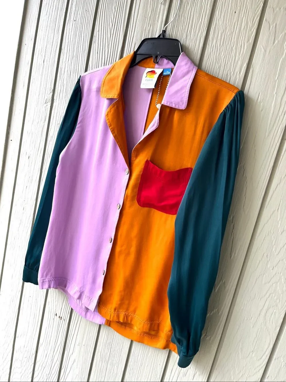 Farm Rio for Anthropologie Colorblock Puff Sleeve Button Down Blouse XS